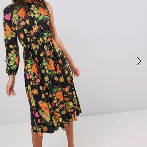 ASOS One Shoulder Balloon Sleeve Midi Dress in Floral Print